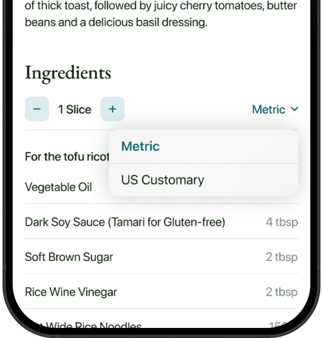 SO VEGAN App showing recipe ingredients with metric and US customary unit options