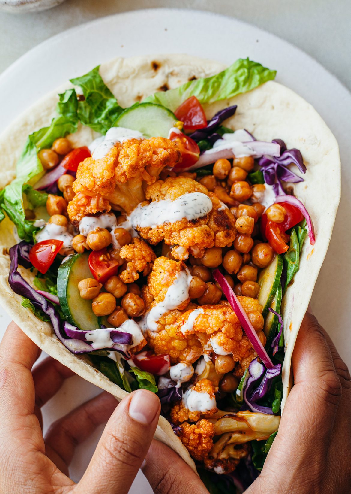 Vegan Buffalo Cauliflower Chickpea Wrap Flatbread Recipe