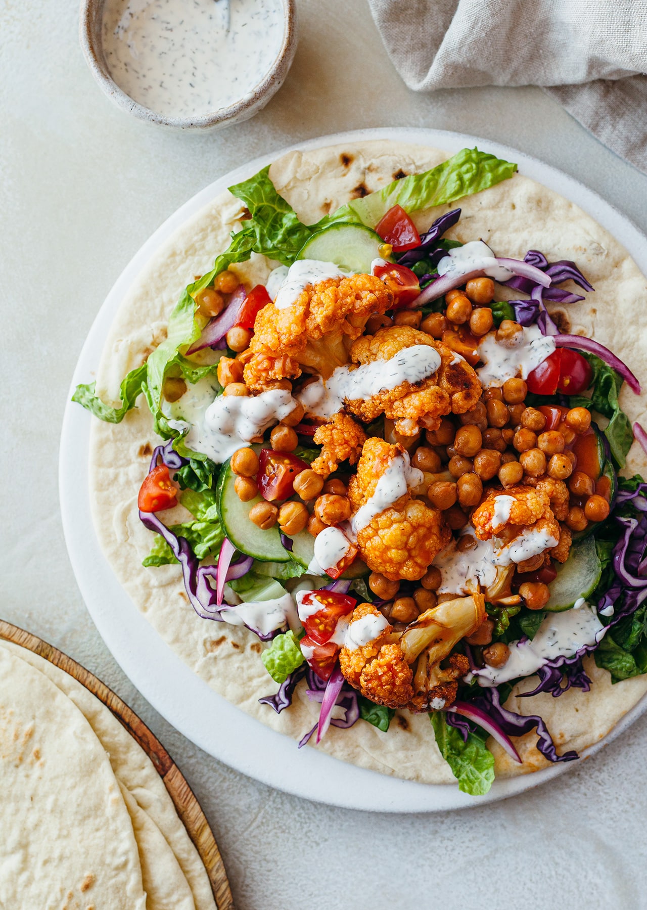 Vegan Buffalo Cauliflower Chickpea Wrap Flatbread Recipe