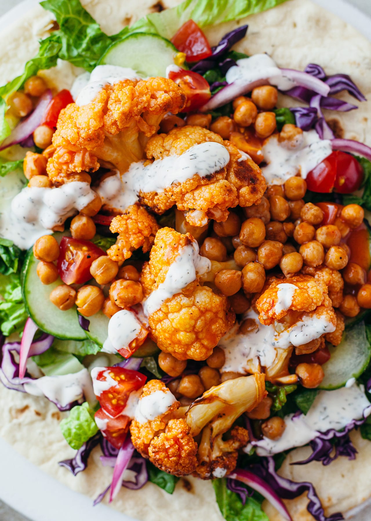 Vegan Buffalo Cauliflower Chickpea Wrap Flatbread Recipe