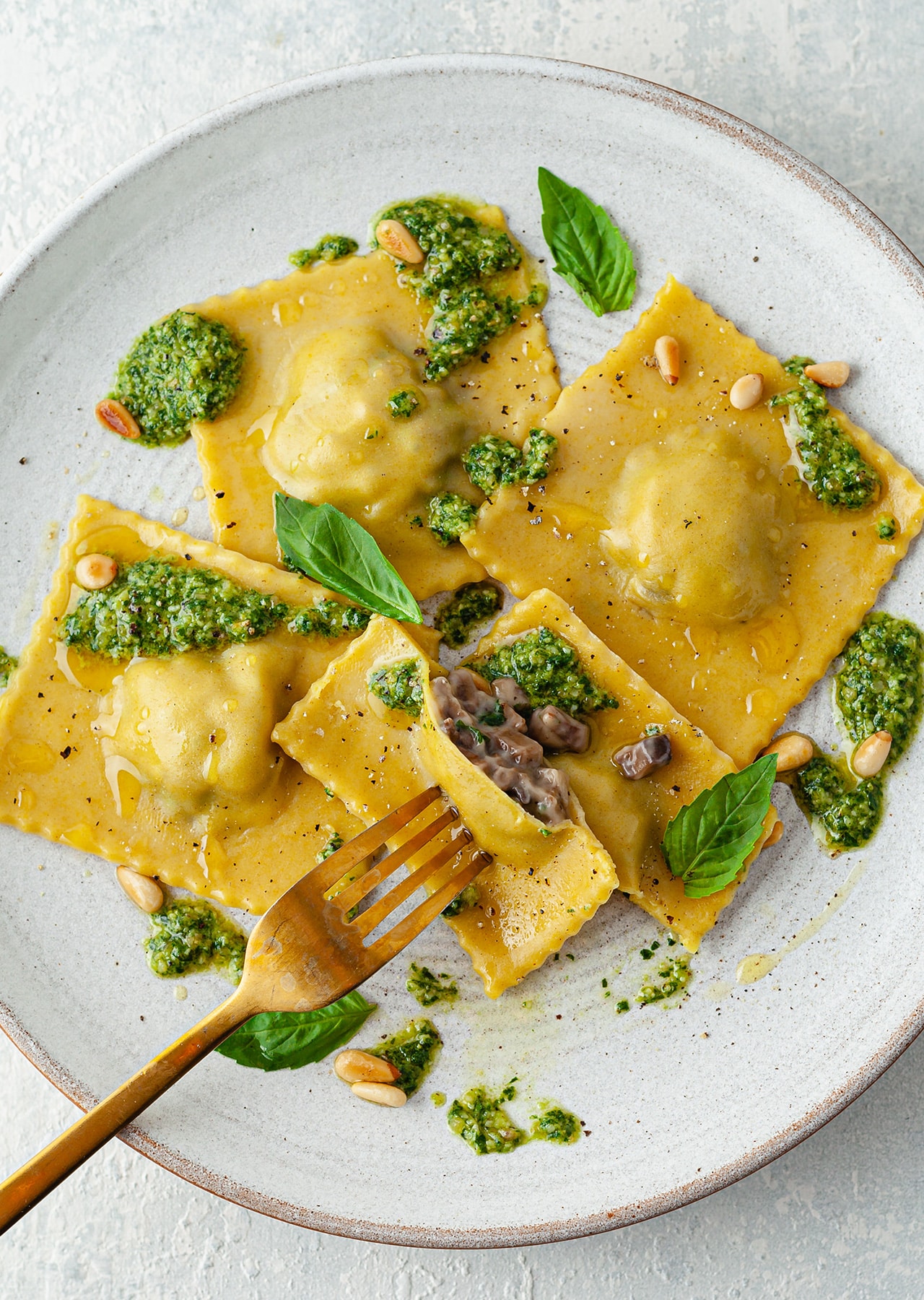 Vegan Homemade Mushroom Ravioli Basil Pesto Recipe