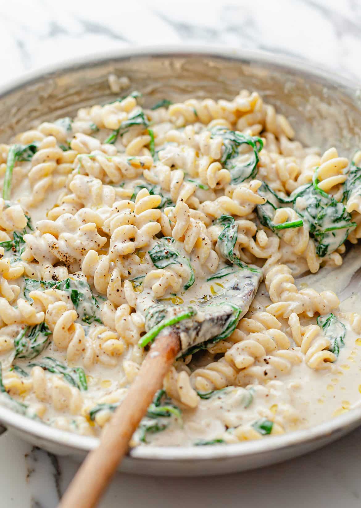 Creamy Spinach Pasta in a White Bowl