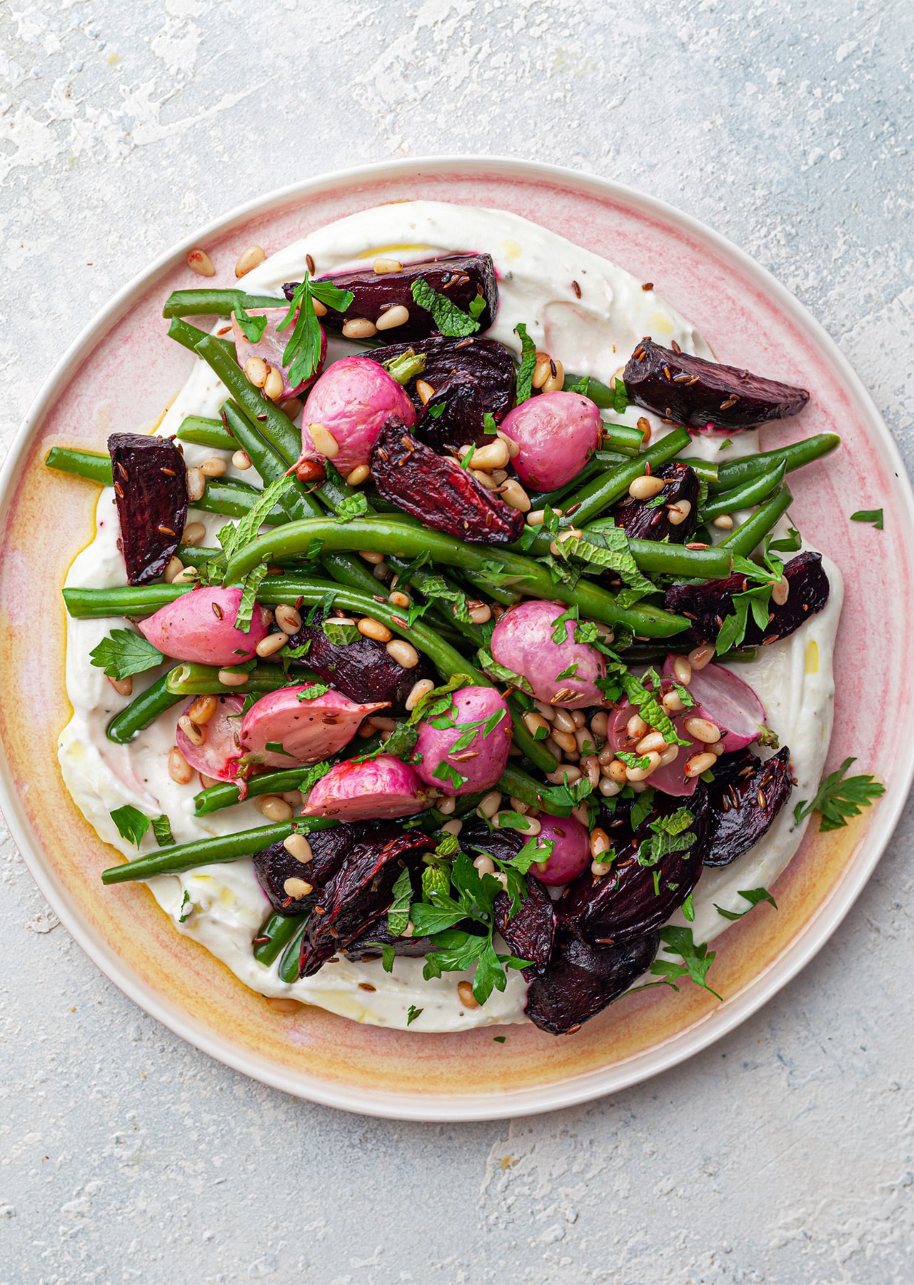 whipped feta beetroot green beans