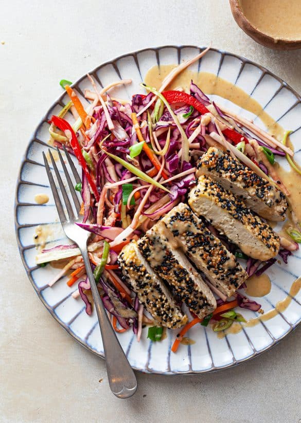 Sesame Crusted Tofu + Ginger Slaw Vegan Recipe