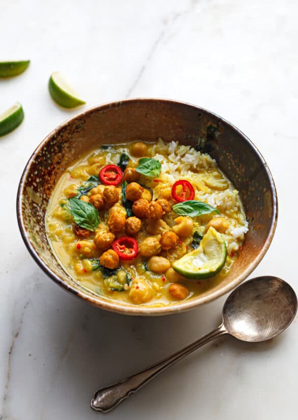 Golden Chickpea Coconut Turmeric Broth Bowl Soup Stew Recipe