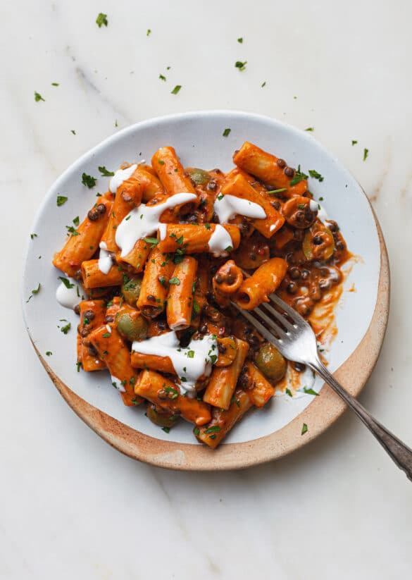 Vegan High Protein Lentil Harissa Pasta Recipe