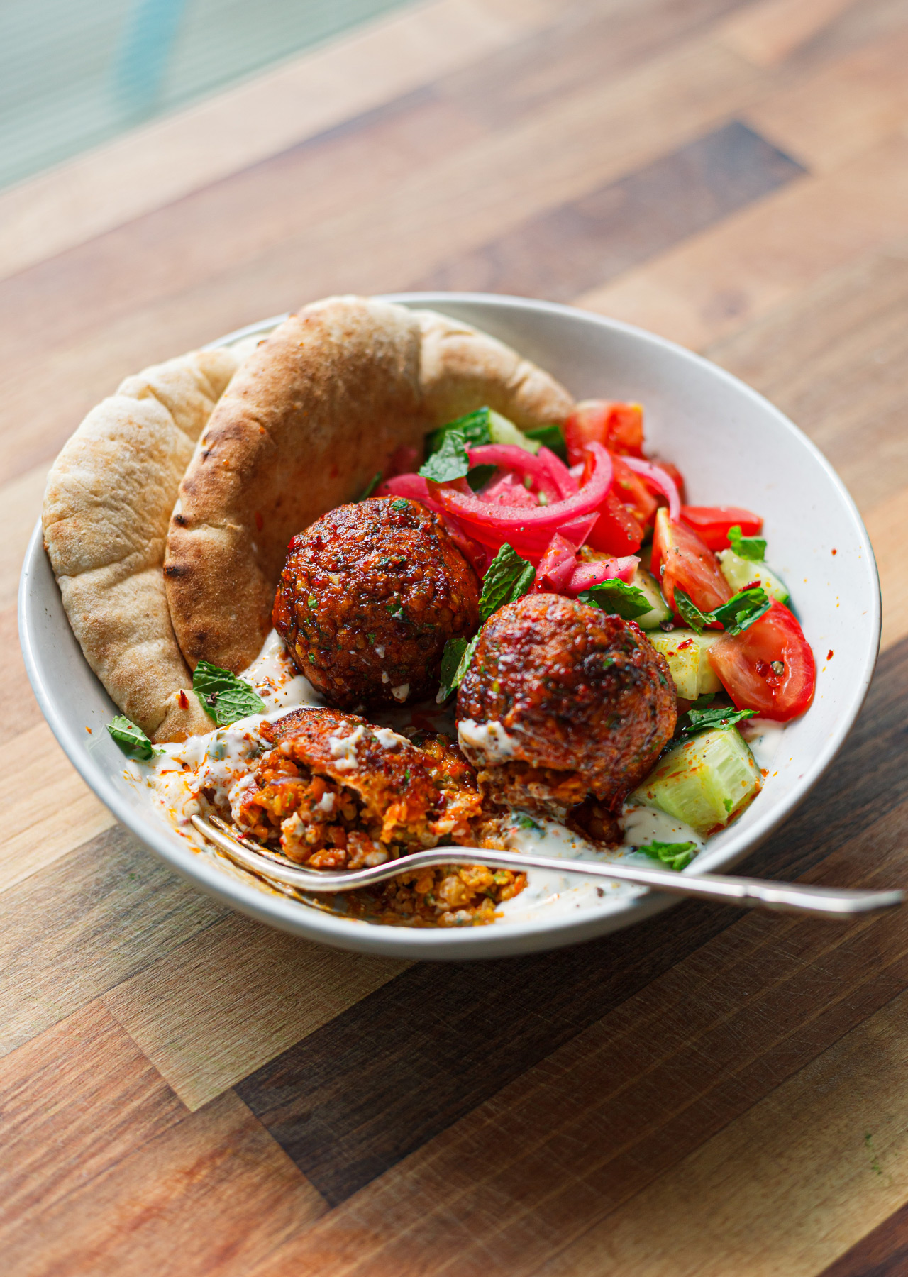 Plant Based Vegan Harissa Lentil Meatballs Bowl Salad Yoghurt Recipe